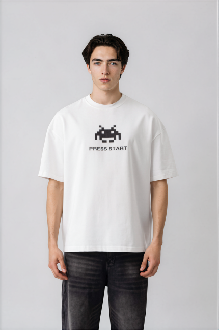 T-shirt oversize blanc Press Start pour homme – imprimé gaming streetwear