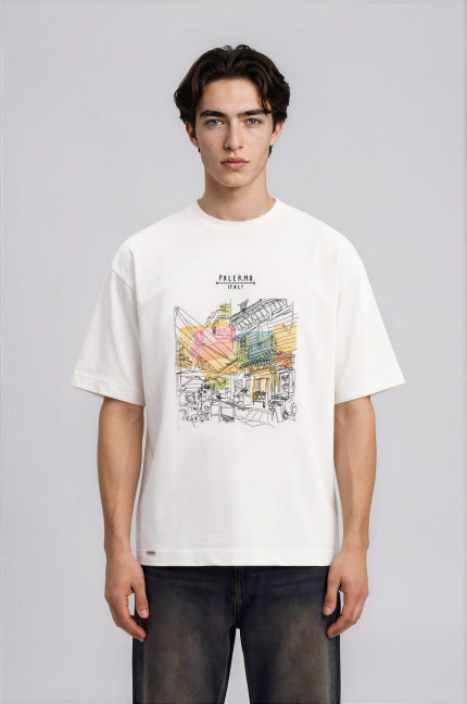 T-shirt oversize blanc Palermo pour homme – broderie streetwear premium