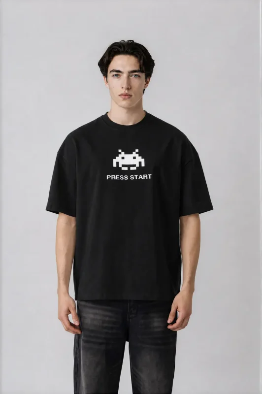 T-shirt oversize noir Press Start pour homme – imprimé gaming blanc vue de face