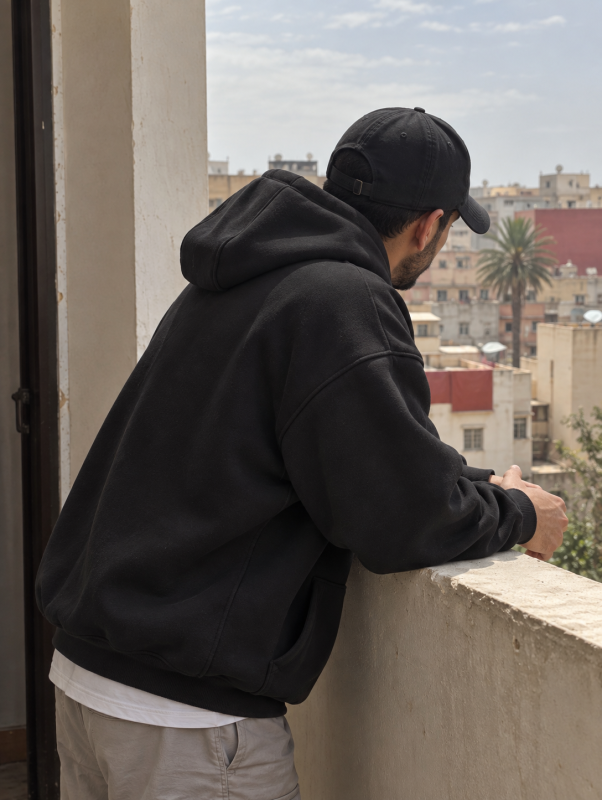 Hoodie noir porté sur un balcon marocain