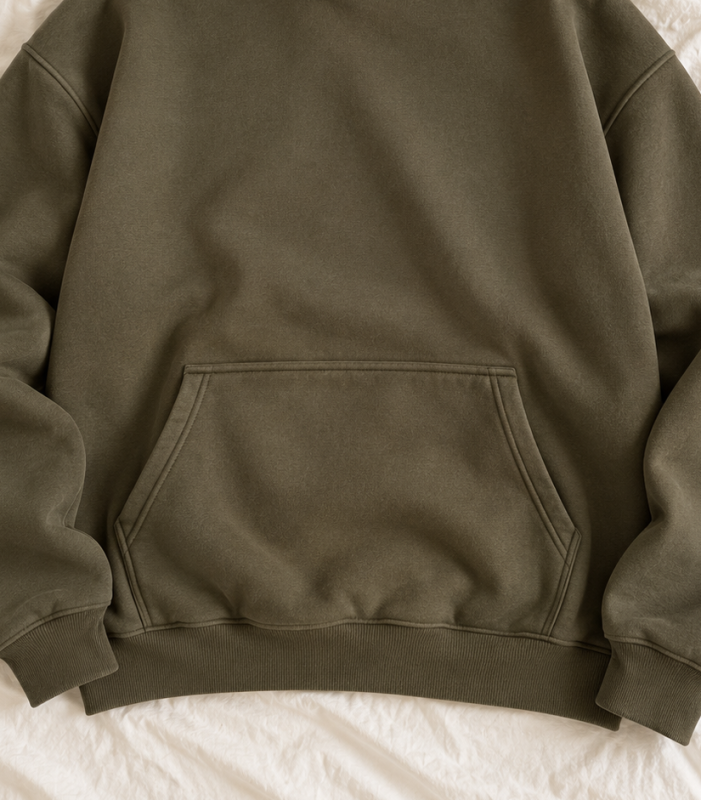 Détail réel de la poche kangourou du hoodie vert olive Maison Select