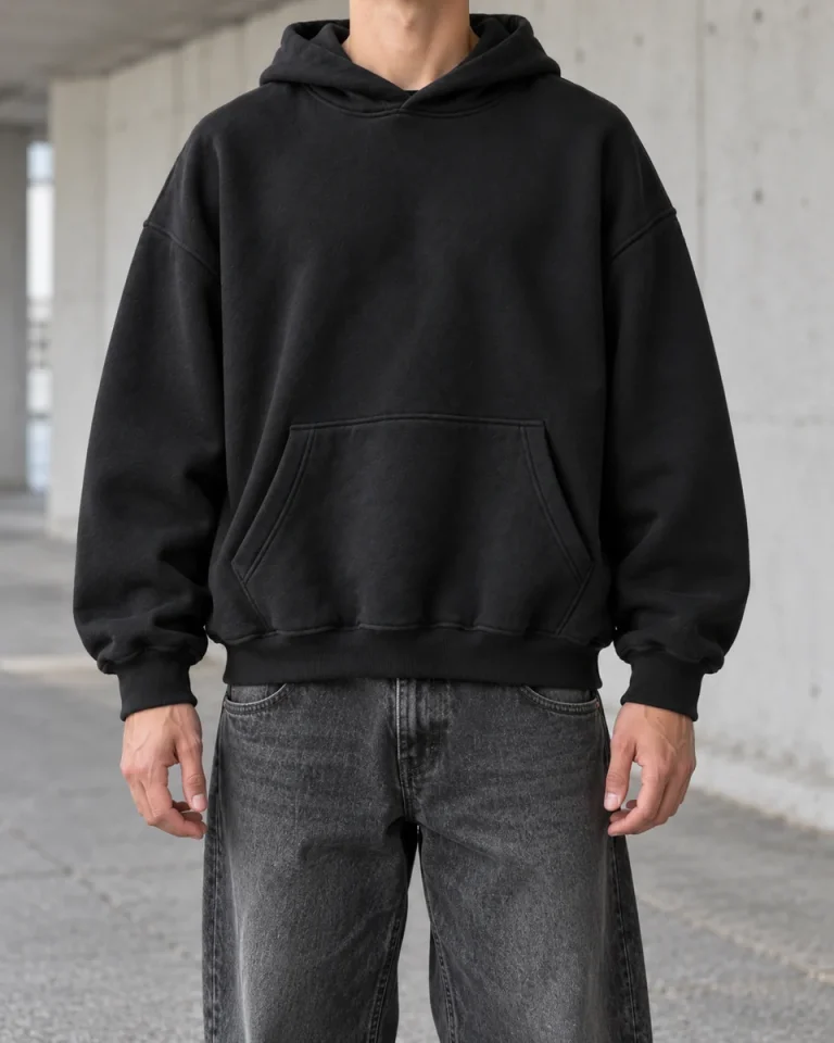 Hoodie Noir Maison Select porté avec un jean ample, cadrage sans visage
