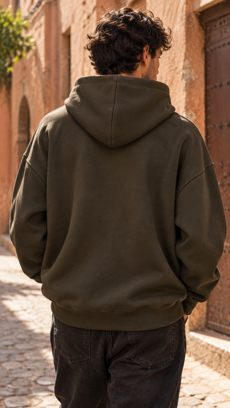 Hoodie kaki Maison Select porté de dos, capuche à deux panneaux
