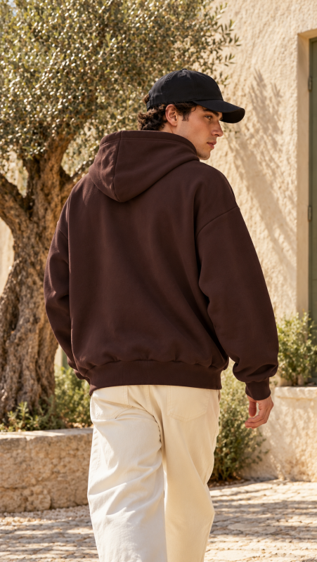 Hoodie chocolat uni porté près d'un olivier
