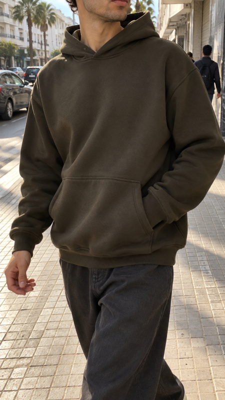 Hoodie kaki Maison Select porté de face dans une rue, coupe oversize