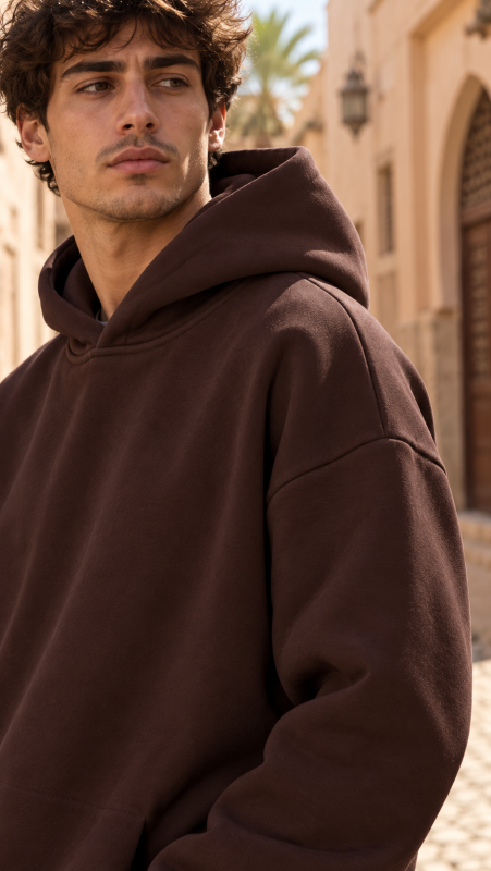 Épaule et capuche du hoodie chocolat uni